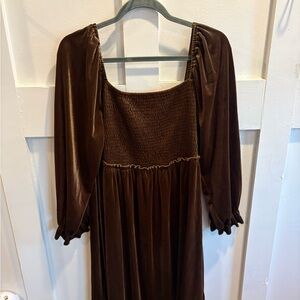 SHEIN Brown Velvet Smocked Bodice Long Sleeve Dress